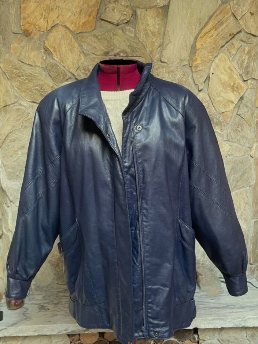 Dk Navy Leather Jacket - Women's - size L - Braemar by Jeremy Scott